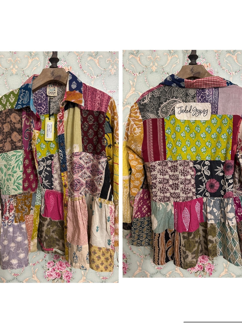 NWT Jaded Gypsy ~ Patchwork Sunrise Top 100% cotton button up kimono Tunic O/S
